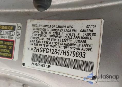 2007 Honda Civic Ex из США, поврежденный, VIN 2HGFG12847H579693